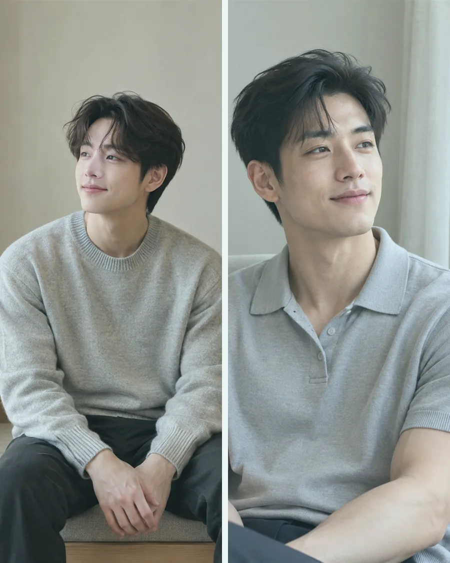 창가 긴 의자의 회색 니트 차림과 흰 커튼 옆 회색 폴로 차림을 나란히 놓은 사진