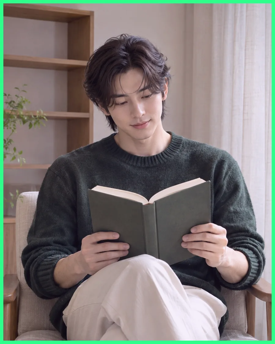 책장 앞 안락의자에 앉아 초록 니트 차림으로 책을 펼쳐 읽는 모습