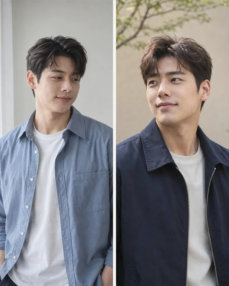 흰 커튼 옆 하늘색 셔츠 차림과 나무 안뜰의 남색 점퍼 차림을 나란히 담은 사진