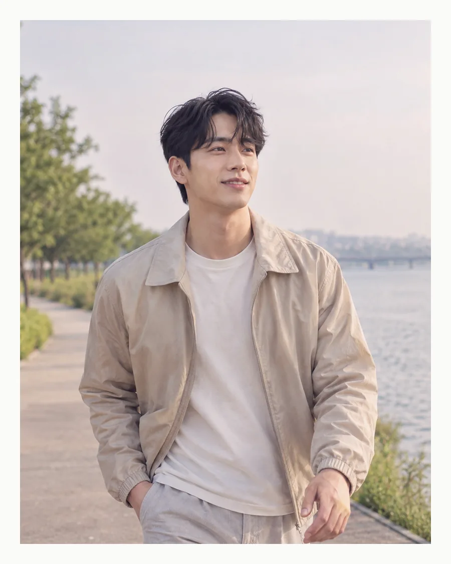 흰 테두리 속 강변 길을 베이지 점퍼 차림으로 걷는 모습