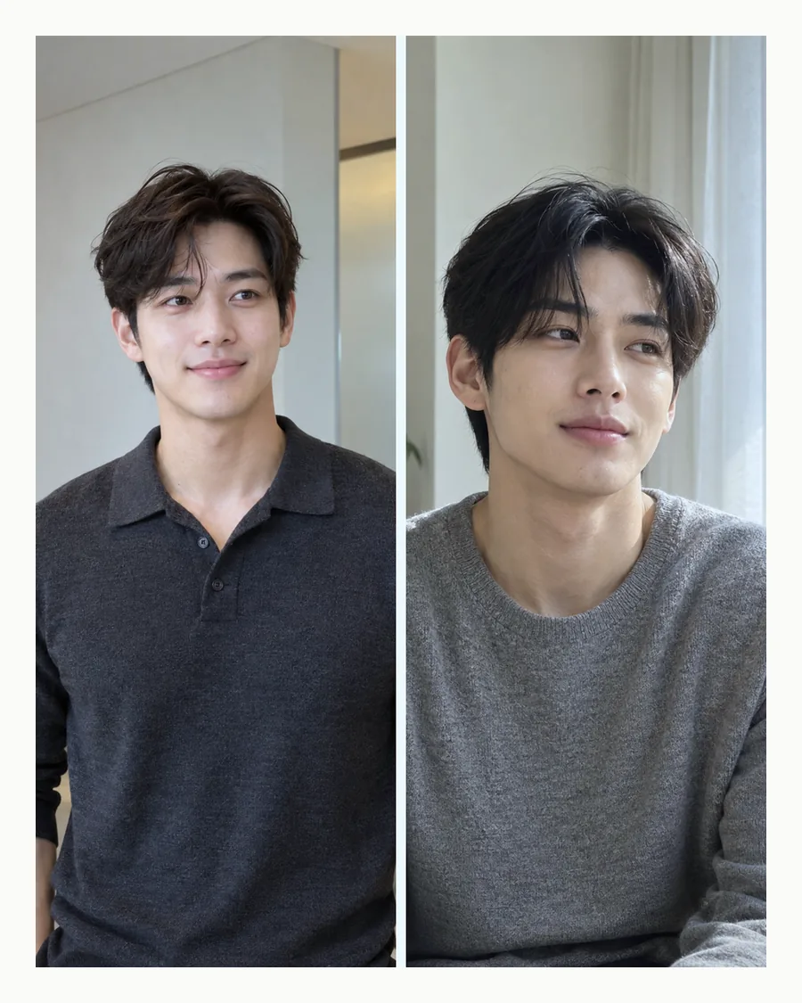 흰 테두리 안에 밝은 방의 차콜 니트 폴로 차림과 화분 옆 회색 니트 차림을 나란히 담은 사진