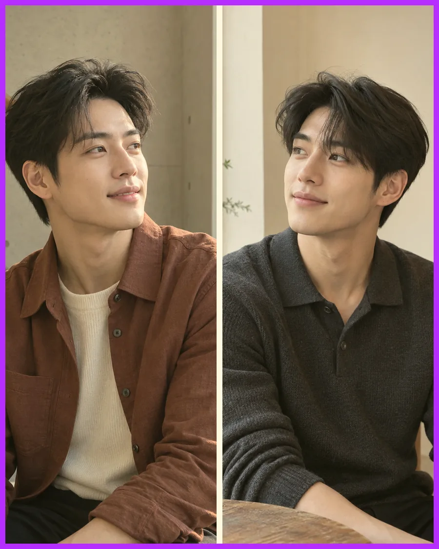 계단에 앉은 벽돌색 셔츠 차림과 창가 탁자의 차콜 니트 폴로 차림을 나란히 놓은 사진
