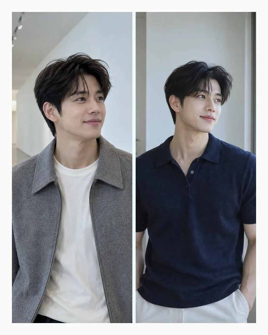 흰 복도의 회색 재킷 차림과 창가의 남색 니트 폴로 차림을 흰 테두리 안에 나란히 놓은 사진