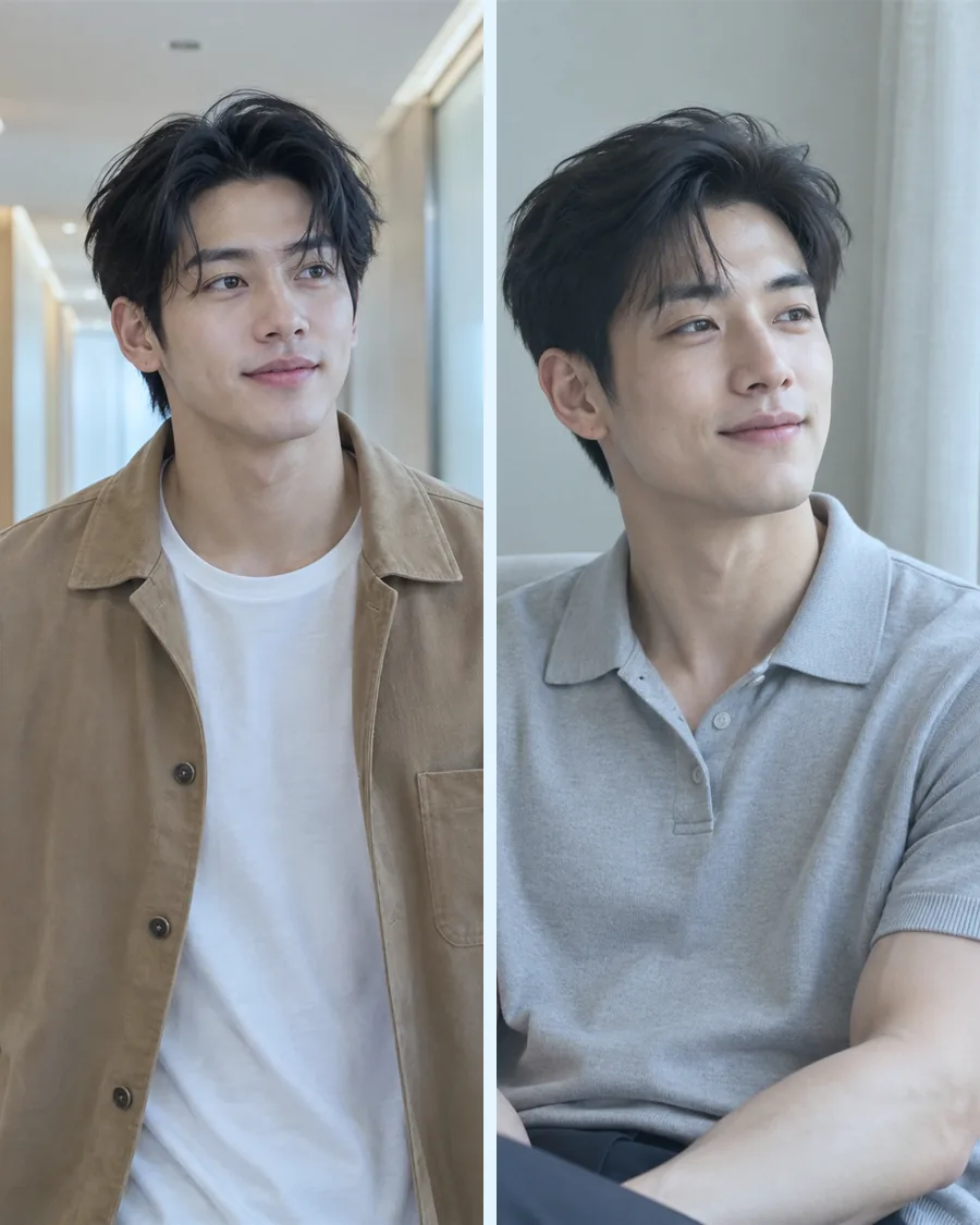 밝은 복도의 카멜색 셔츠 재킷 차림과 창가에 앉은 회색 폴로 차림을 나란히 담은 사진