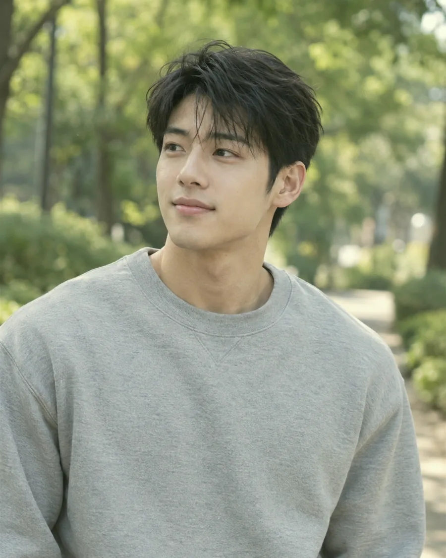 초록 나무가 늘어선 산책길에서 회색 맨투맨 차림으로 옆을 보는 모습