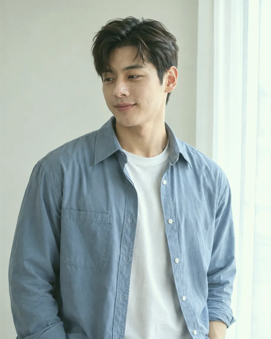 흰 커튼 앞에 하늘색 셔츠를 걸치고 비스듬히 선 모습
