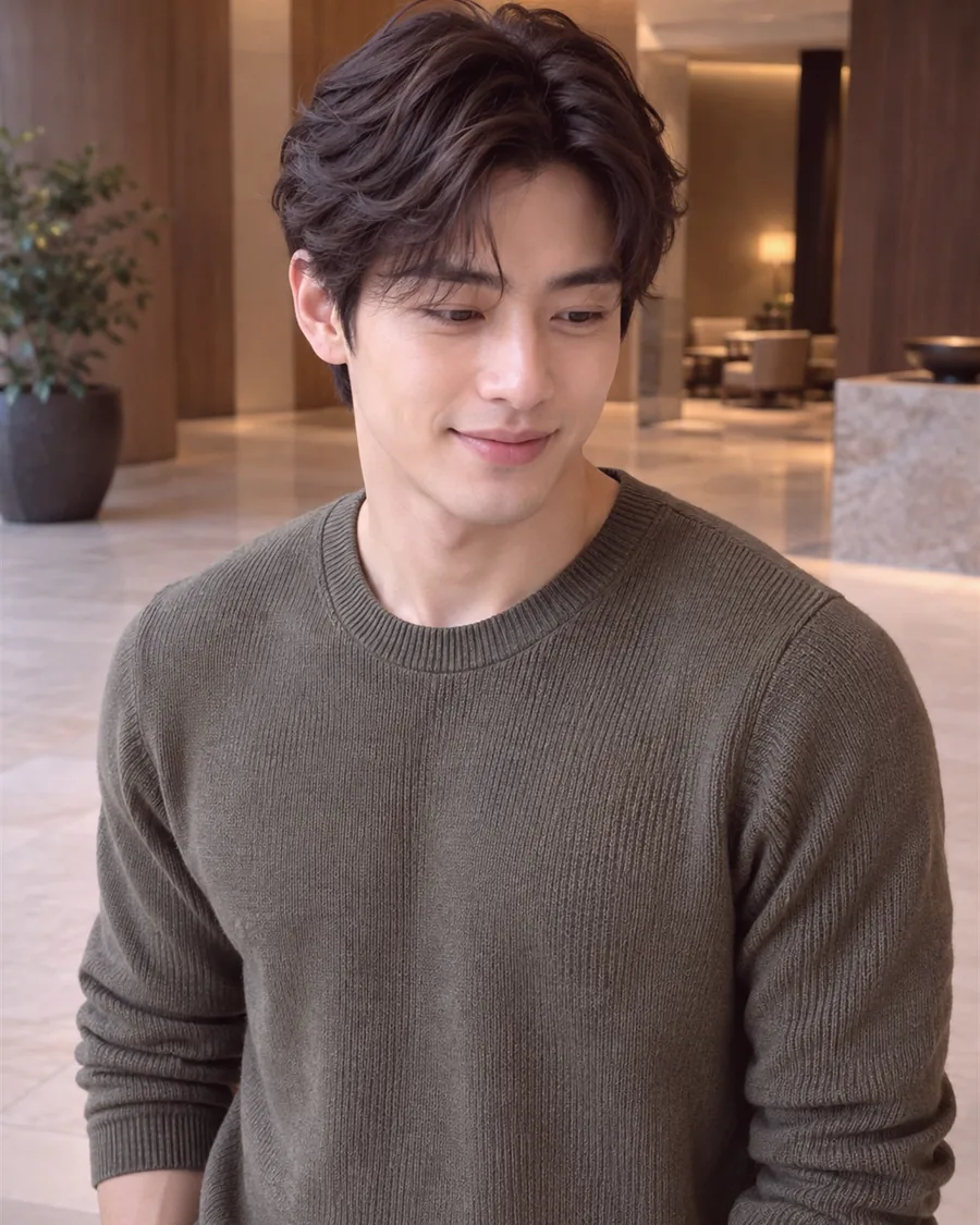 따뜻한 조명이 켜진 로비 같은 공간에서 올리브색 니트 차림으로 선 모습