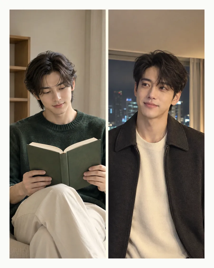 흰 테두리 속 책 읽는 초록 니트 차림과 밤 도시 앞 어두운 재킷 차림을 나란히 놓은 사진