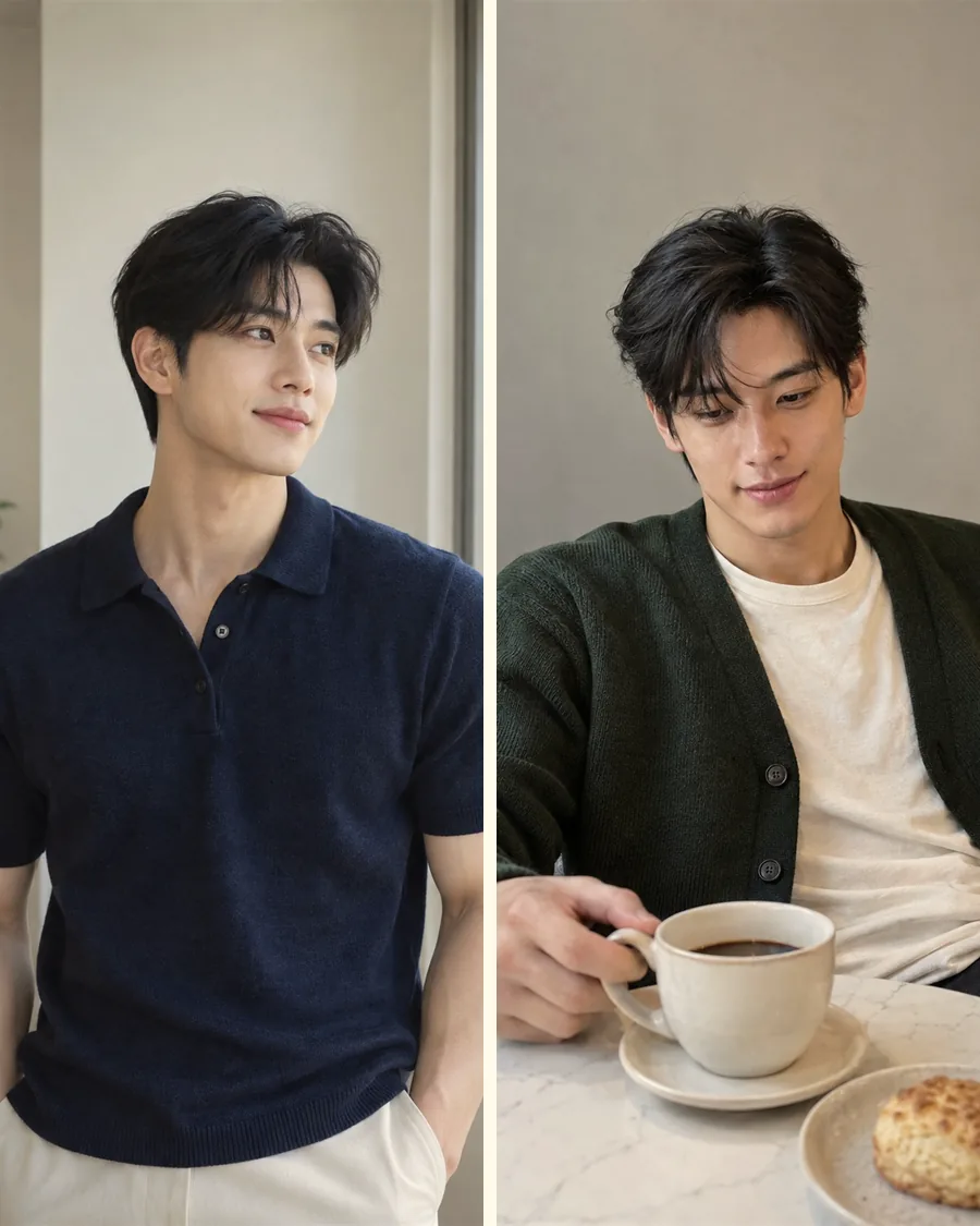 창가의 남색 니트 폴로 차림과 커피와 스콘을 둔 초록 카디건 차림을 나란히 담은 사진