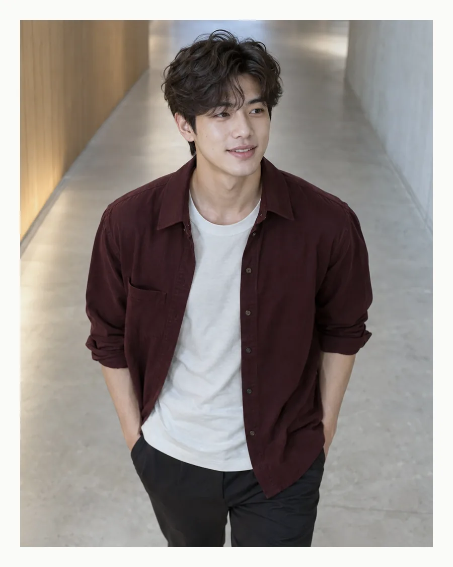 흰 여백 안에서 나무 벽 복도를 버건디 셔츠 차림으로 걷는 모습