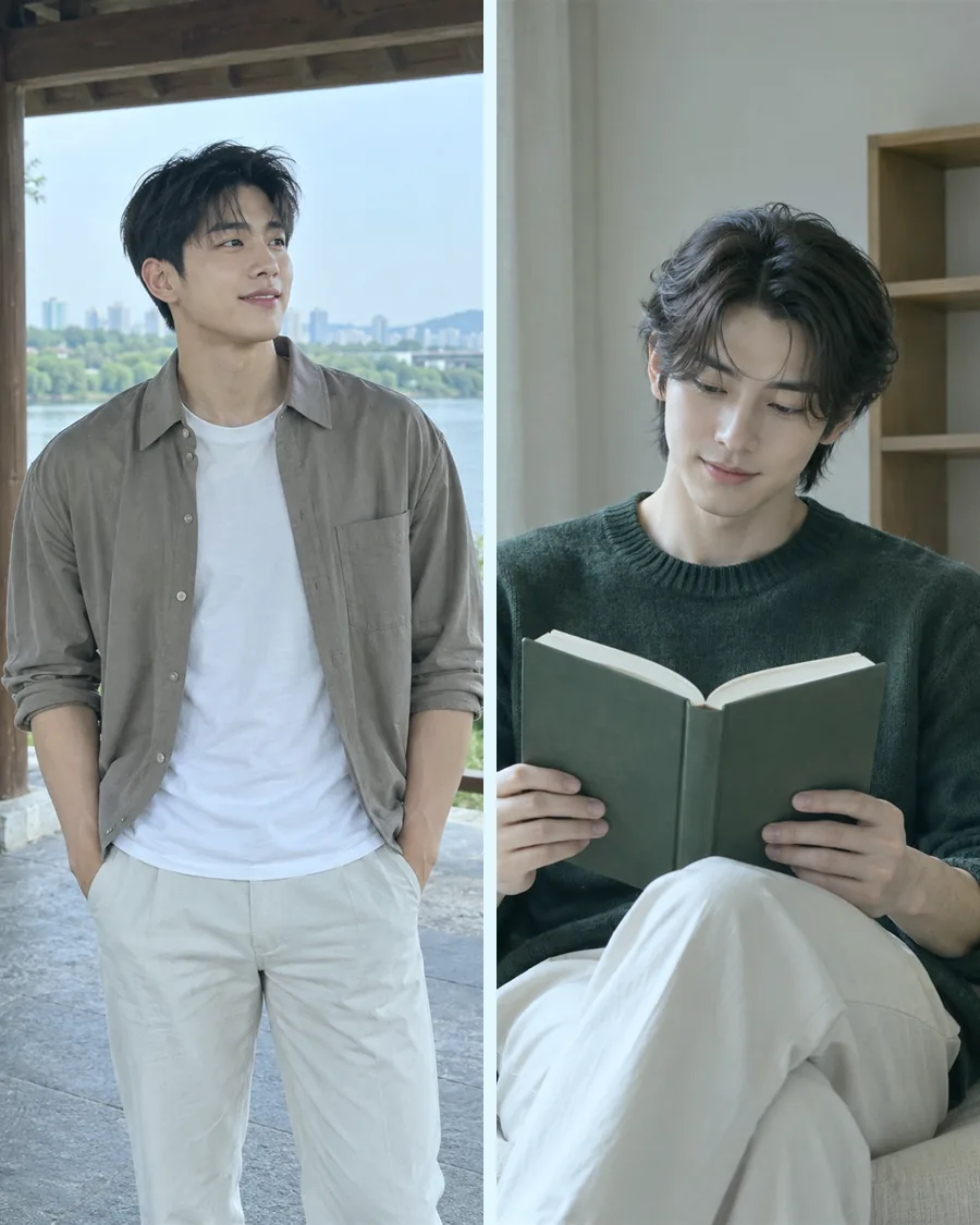 강가 정자의 베이지 셔츠 재킷 차림과 책장 옆 안락의자에서 책 읽는 초록 니트 차림을 나란히 담은 사진