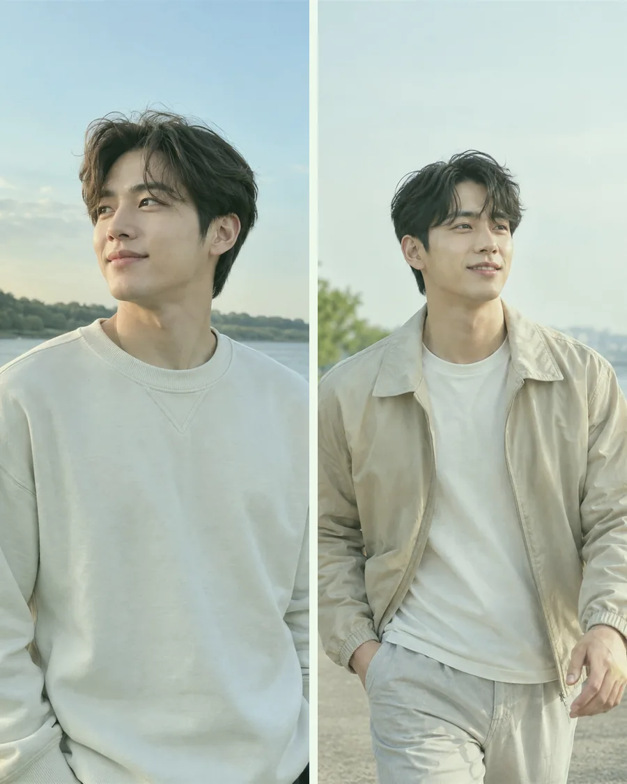 노을 진 강가의 아이보리 맨투맨 차림과 강변길을 걷는 베이지 재킷 차림을 나란히 담은 사진