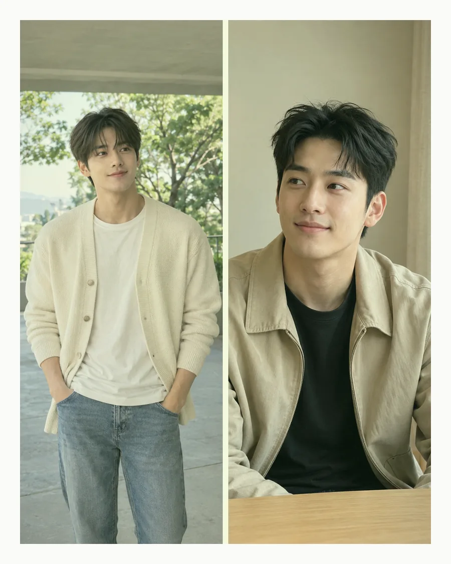 흰 테두리 안 테라스의 아이보리 카디건 차림과 나무 탁자 앞 베이지 재킷 차림을 나란히 놓은 사진