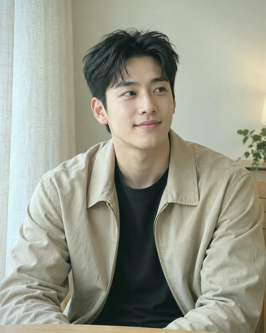 커튼이 드리운 창가 나무 탁자에 베이지 재킷 차림으로 앉은 모습