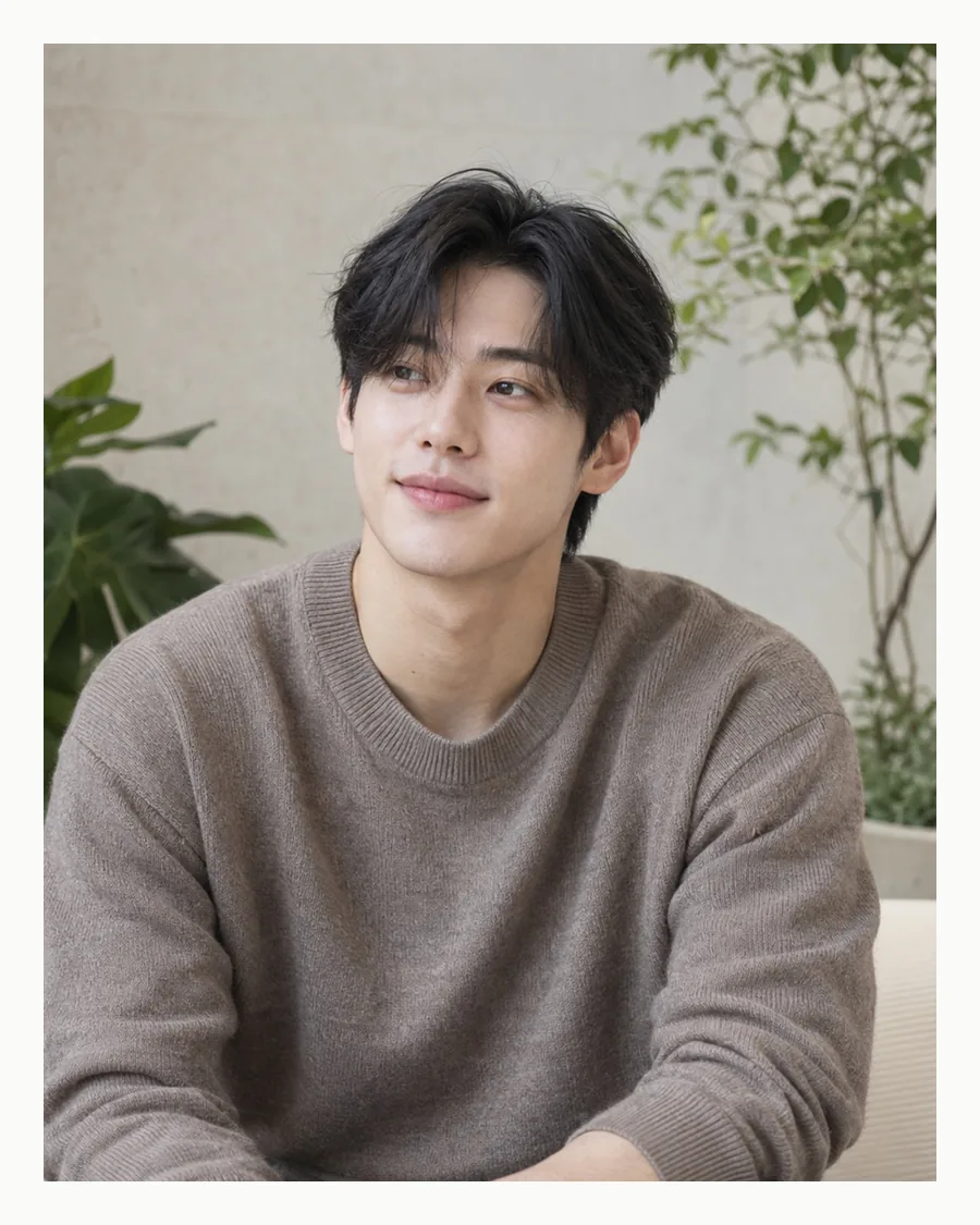 흰 테두리 안, 화분 옆에 앉아 갈색 니트를 입고 웃는 모습