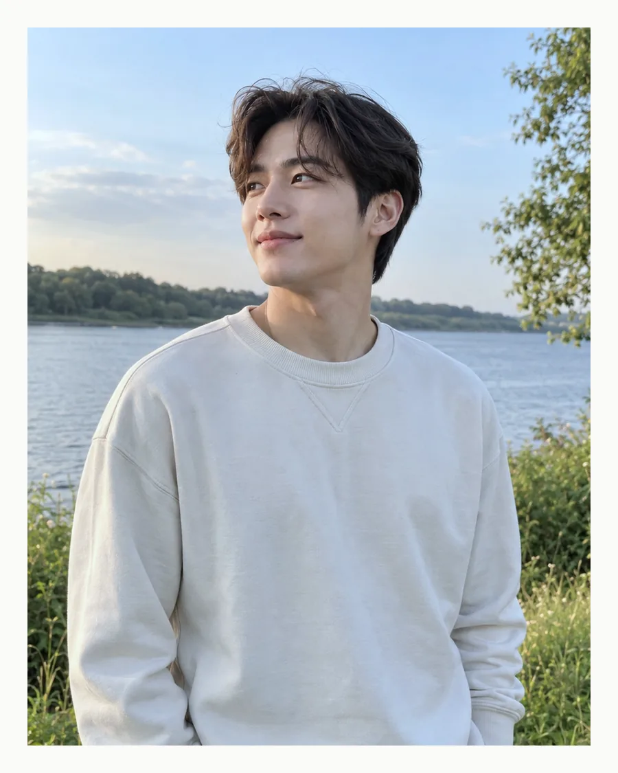 흰 테두리 안 해 질 녘 강가에서 아이보리 맨투맨 차림으로 선 모습