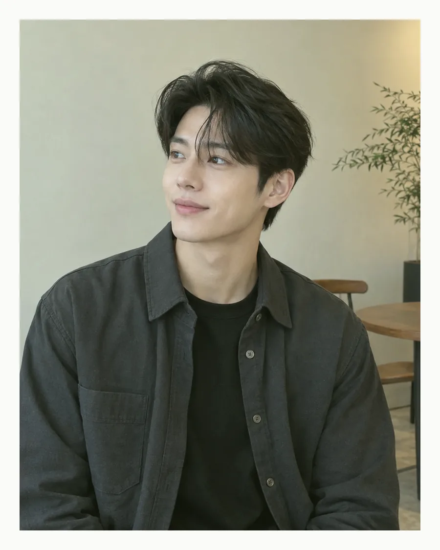 흰 테두리 안, 화분이 놓인 밝은 방에서 짙은 회색 셔츠 재킷 차림으로 앉은 모습