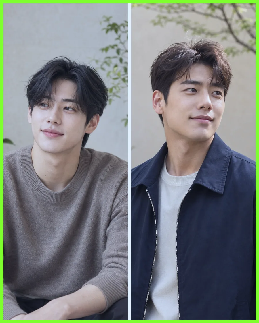 화분 옆에 앉은 갈색 니트 차림과 나무 안뜰의 남색 점퍼 차림을 나란히 담은 사진