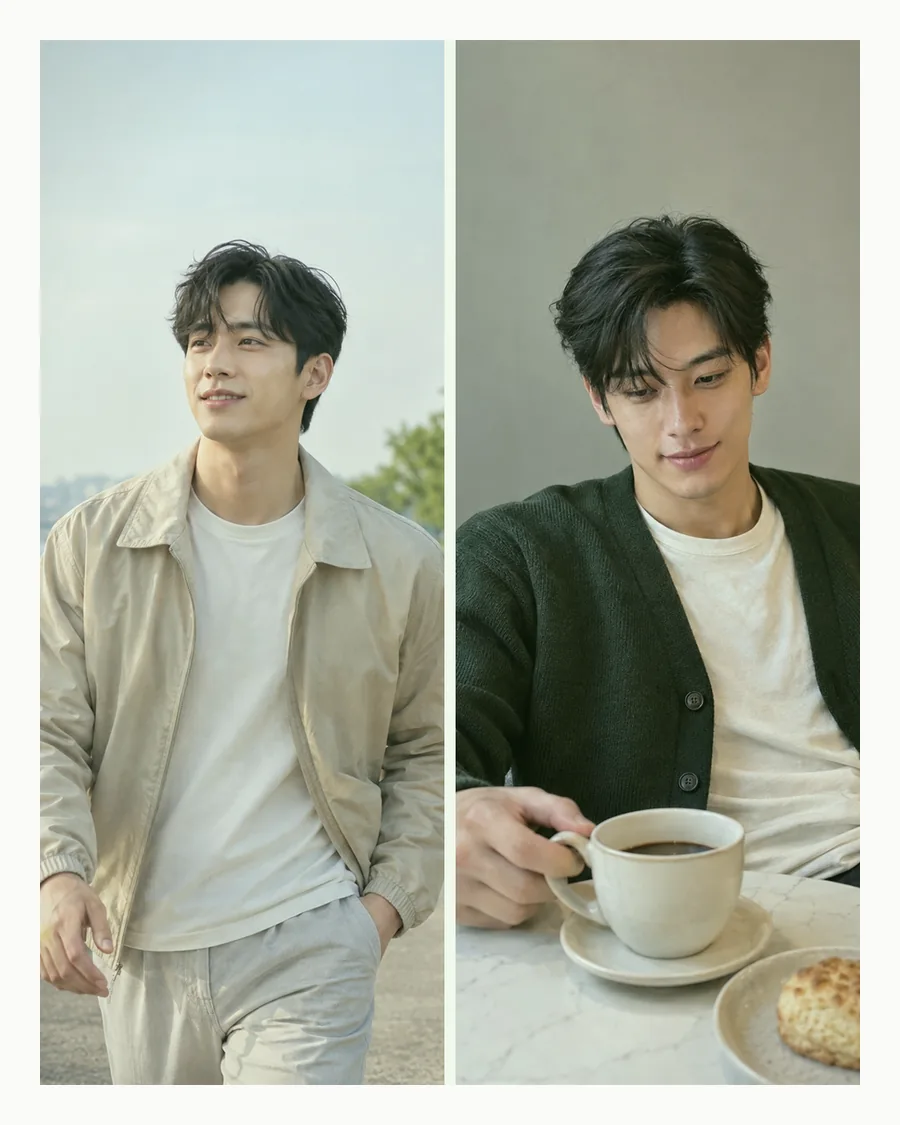 흰 테두리 안 강변을 걷는 베이지 점퍼 차림과 커피와 스콘 앞 초록 카디건 차림을 나란히 놓은 사진