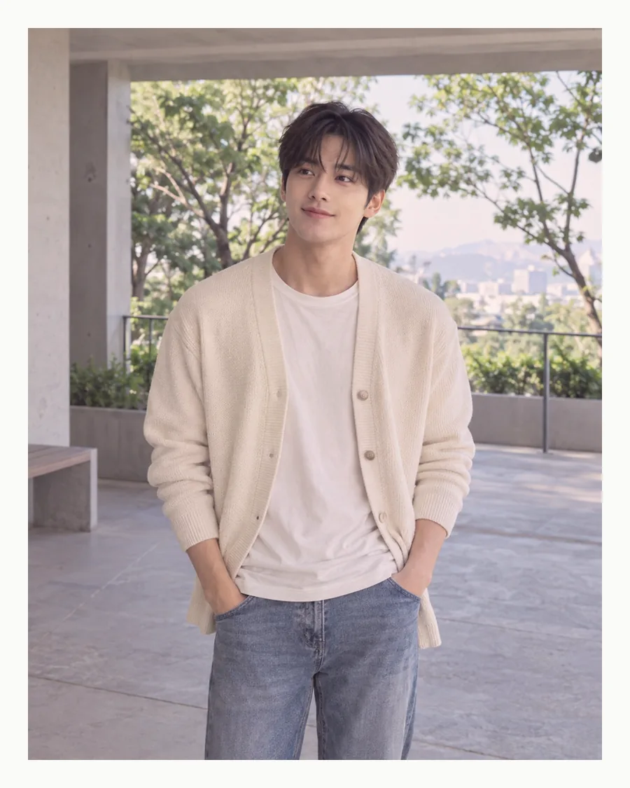 흰 테두리 안 나무가 보이는 테라스에서 아이보리 카디건에 청바지를 입은 모습