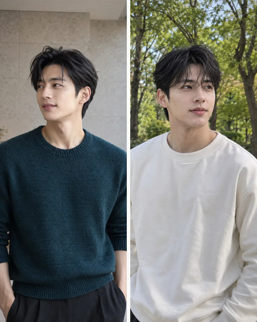 도시가 보이는 실내의 청록 니트 차림과 숲속 흰 맨투맨 차림을 나란히 담은 사진
