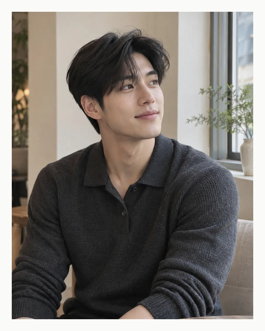 흰 테두리 속 창가 나무 탁자에 팔을 올리고 차콜 니트 폴로 차림으로 앉은 모습