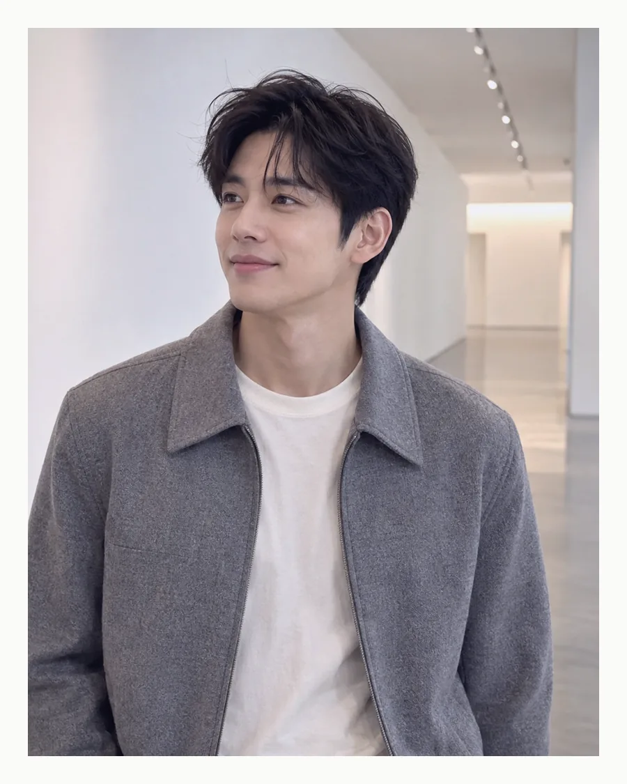 흰 여백 속 흰 복도에서 회색 재킷에 흰 티셔츠를 받쳐 입은 모습