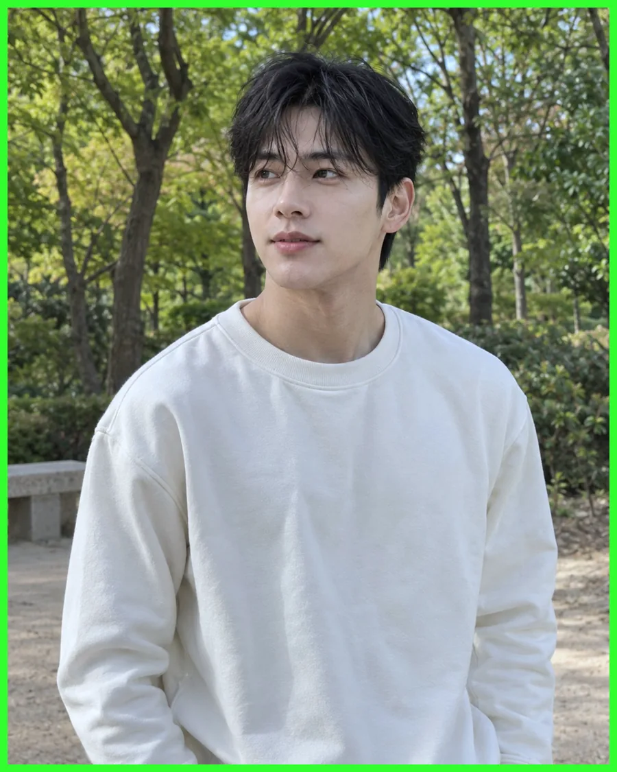 숲속 나무 사이에서 흰 맨투맨을 입고 선 모습