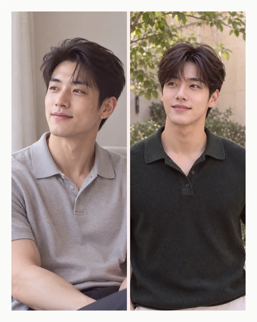흰 테두리 속 창가 의자의 회색 폴로 차림과 나무 아래 초록 니트 폴로 차림을 나란히 놓은 사진
